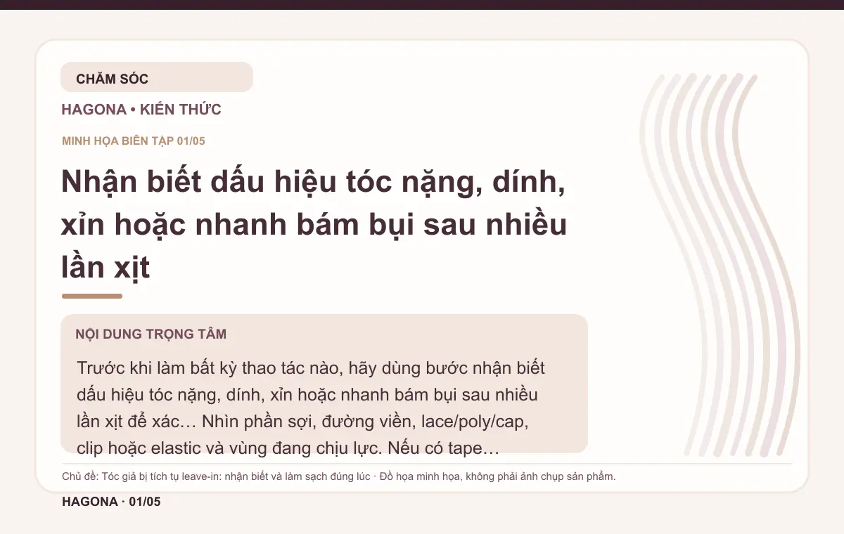 Đồ họa minh họa HAGONA về Nhận biết dấu hiệu tóc nặng, dính, xỉn hoặc nhanh bám bụi sau nhiều lần xịt trong bài Tóc giả bị tích tụ leave-in: nhận biết và làm sạch đúng lúc