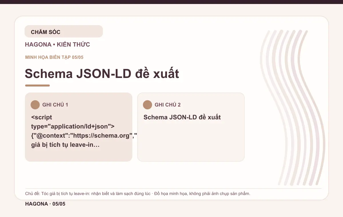 Đồ họa minh họa HAGONA về Schema JSON-LD đề xuất trong bài Tóc giả bị tích tụ leave-in: nhận biết và làm sạch đúng lúc