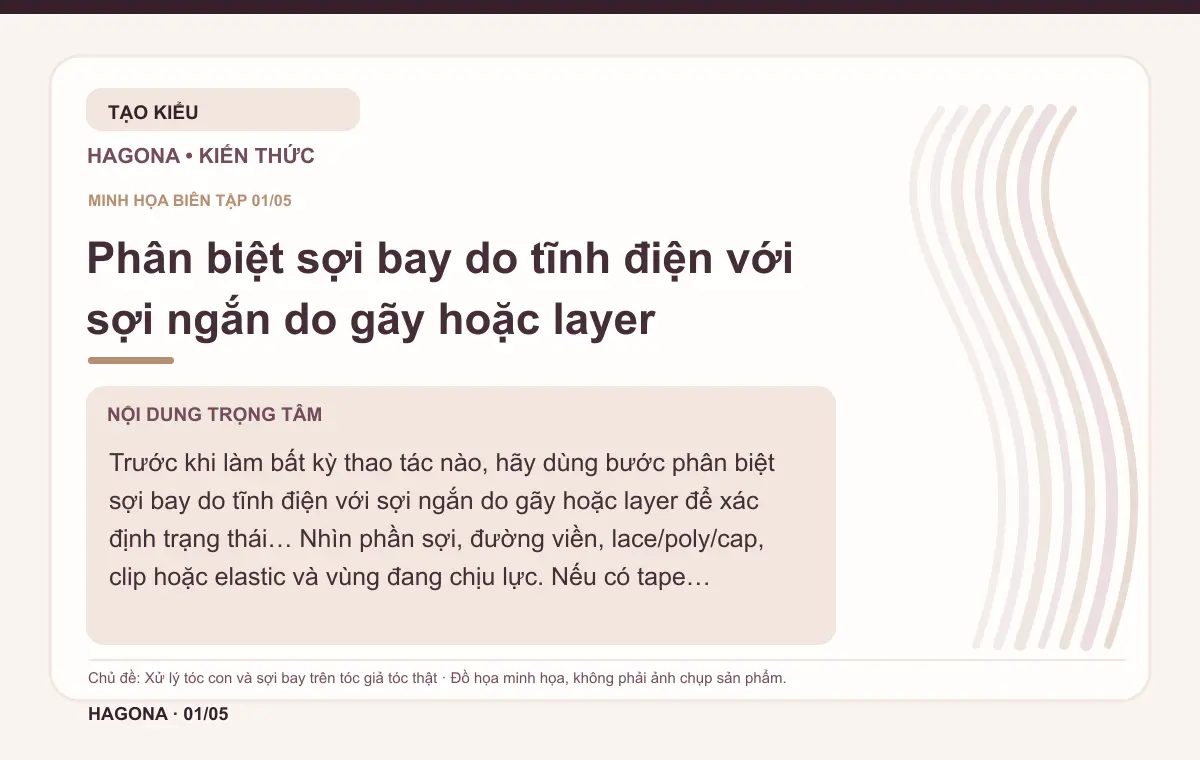 Đồ họa minh họa HAGONA về Phân biệt sợi bay do tĩnh điện với sợi ngắn do gãy hoặc layer trong bài Xử lý tóc con và sợi bay trên tóc giả tóc thật
