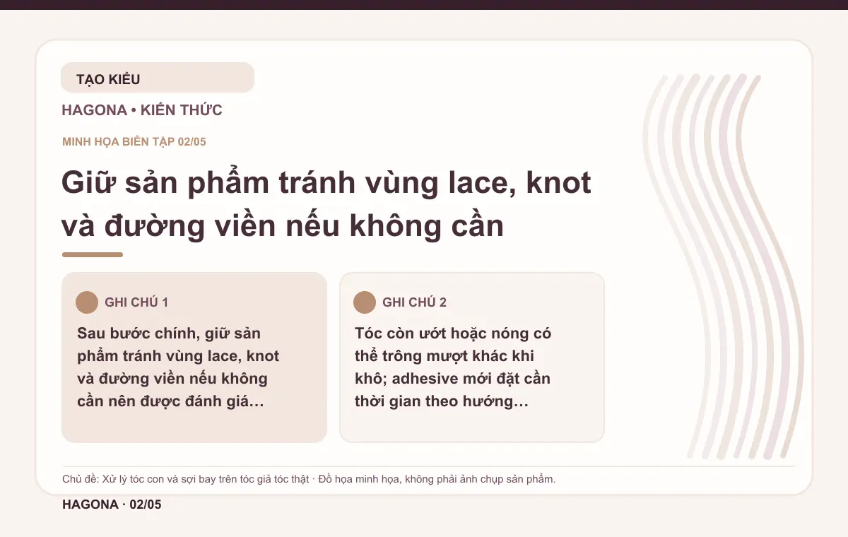 Đồ họa minh họa HAGONA về Giữ sản phẩm tránh vùng lace, knot và đường viền nếu không cần trong bài Xử lý tóc con và sợi bay trên tóc giả tóc thật