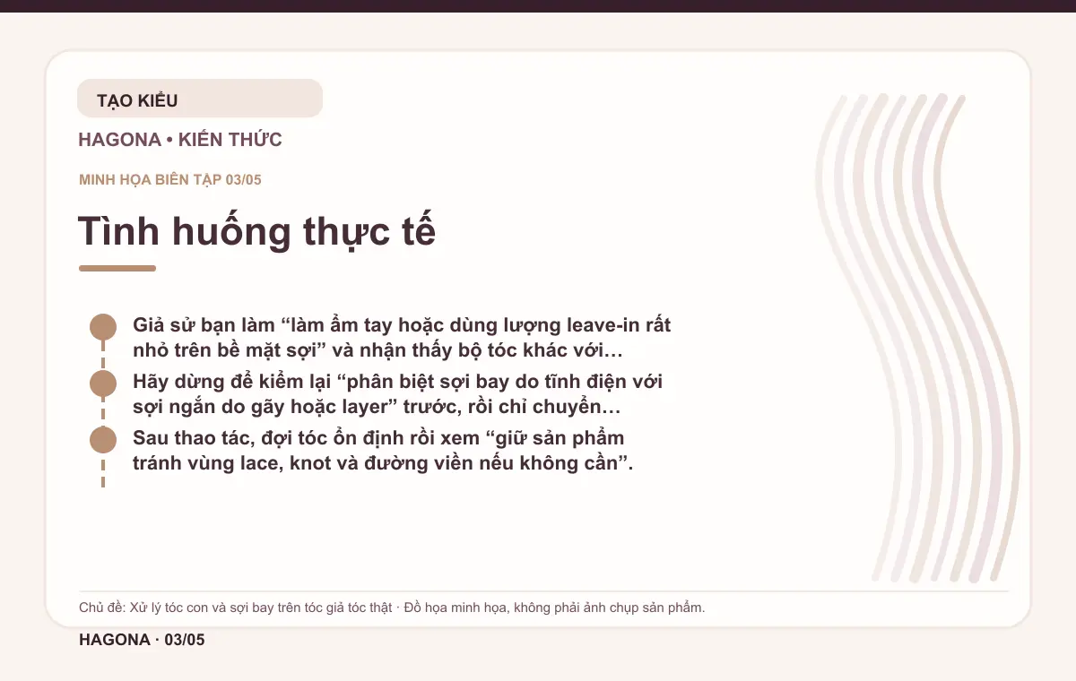 Đồ họa minh họa HAGONA về Tình huống thực tế trong bài Xử lý tóc con và sợi bay trên tóc giả tóc thật