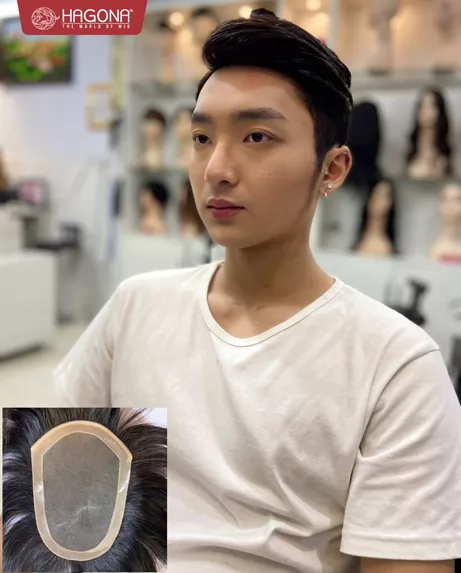 Tóc mái che hói màng lưới ren mềm viền PU bằng tóc thật GV 2S