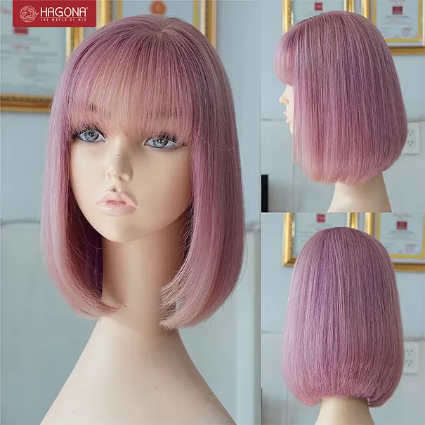 Tóc giả ngắn ngang vai màu hồng tím baby pink