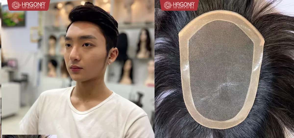 Tóc mái che hói màng lưới ren mềm viền PU bằng tóc thật GV 2S
