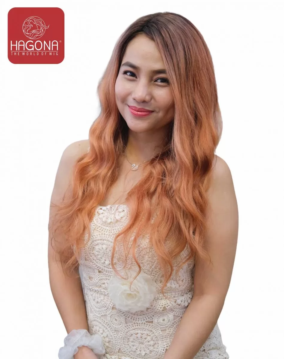 Tóc giả nữ nguyên đầu dài xoăn màu cam nhạt GOOD VIP 2S65 - 100% tóc thật