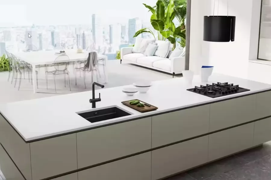 Không gian bếp hiện đại với thiết bị được tích hợp đồng bộ