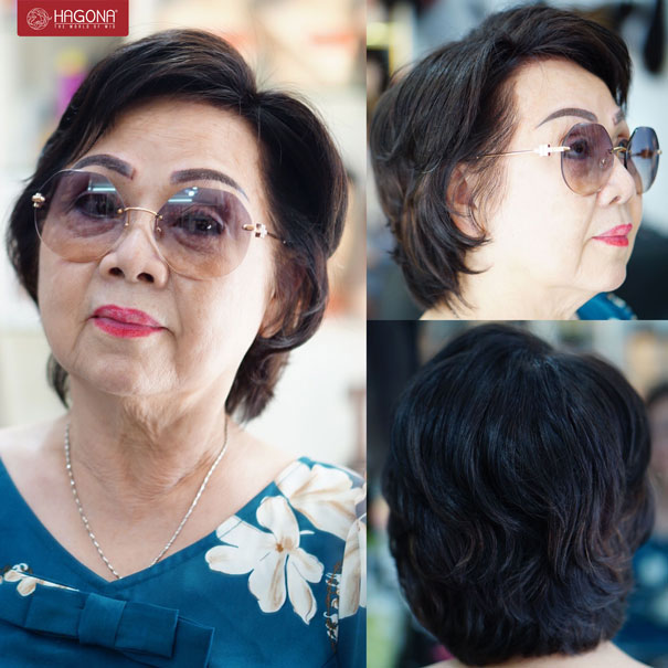 Khách hàng sử dụng tóc giả nữ trung niên 100% tóc thật tại Hagona